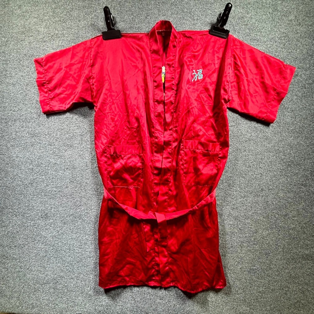 Vintage Chinese Dragon Satin Kimono Robe Womens XL Red Embroidered Belted Waist